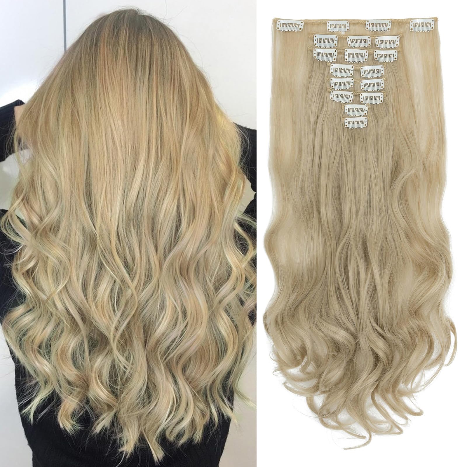 SEGOHAIR Hair Extensions Clip in 8Pcs 18 Clips Synthetic Fiber Seamless 17" Long Curl Full Head -Ash Blonde mix Bleach Blonde — image 1