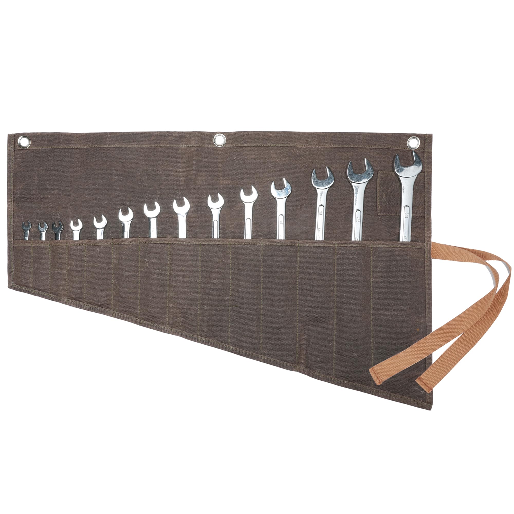 Roll Up Wrench Bag | 14 Pockets Tool Roll for Wrench Set, Heavy Duty 16oz Waxed Canvas Tool Roll | 70 x 45 cm | Grey