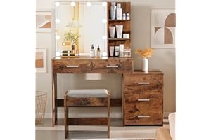 usikey 43.5in Large Vanity Desk with Mirror and 10 LED Lights, Makeup Vanity Table with Lights and 5 Drawers, Vanity Table Vanity Set with Storage Shelves and Stool for Women Girls, Rustic Brown