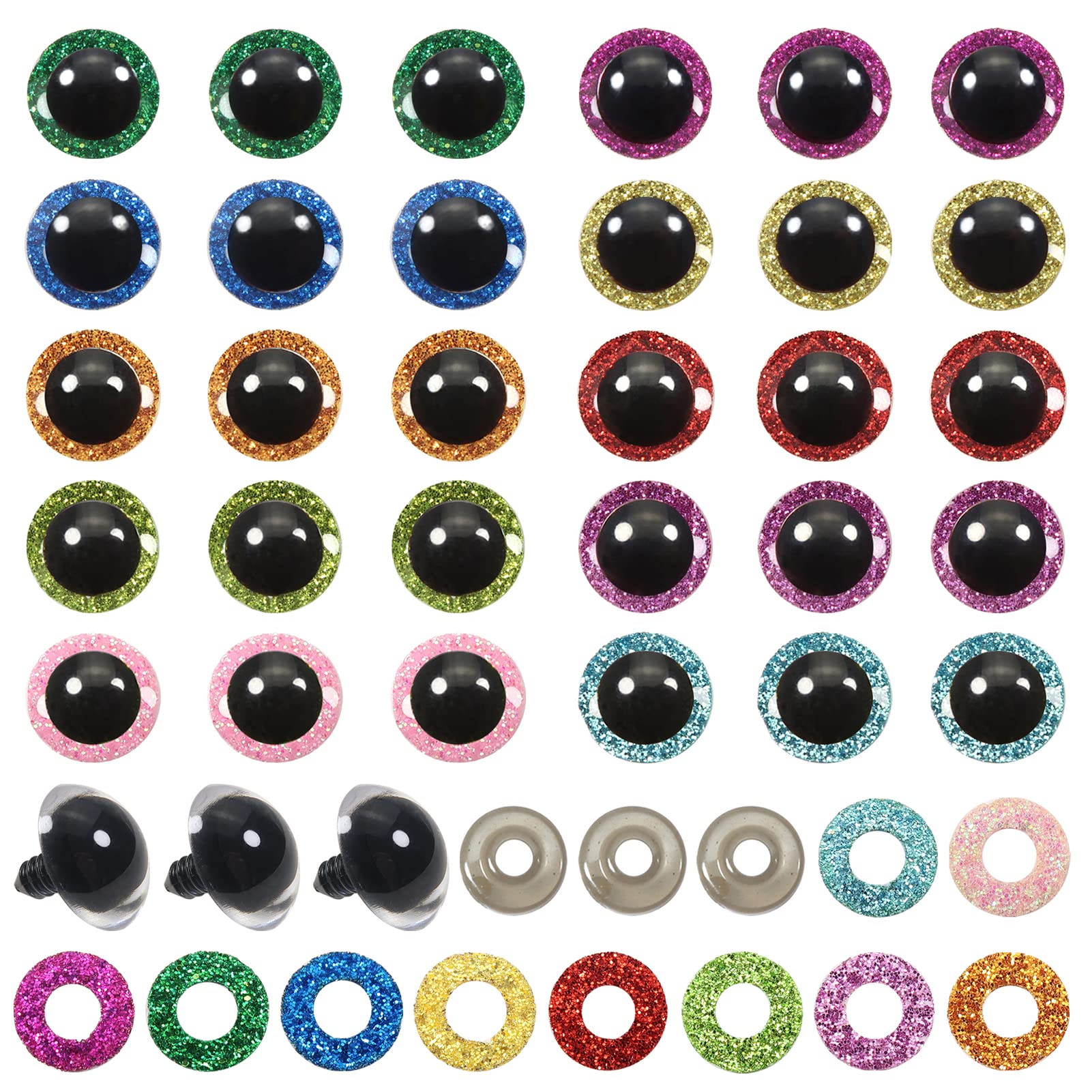 TOAOB 60pcs 20mm Glitter Safety Eyes Plastic Crochet Eyes 10 Color with Washers for Amigurumi Doll Making DIY Craft Plush Animals
