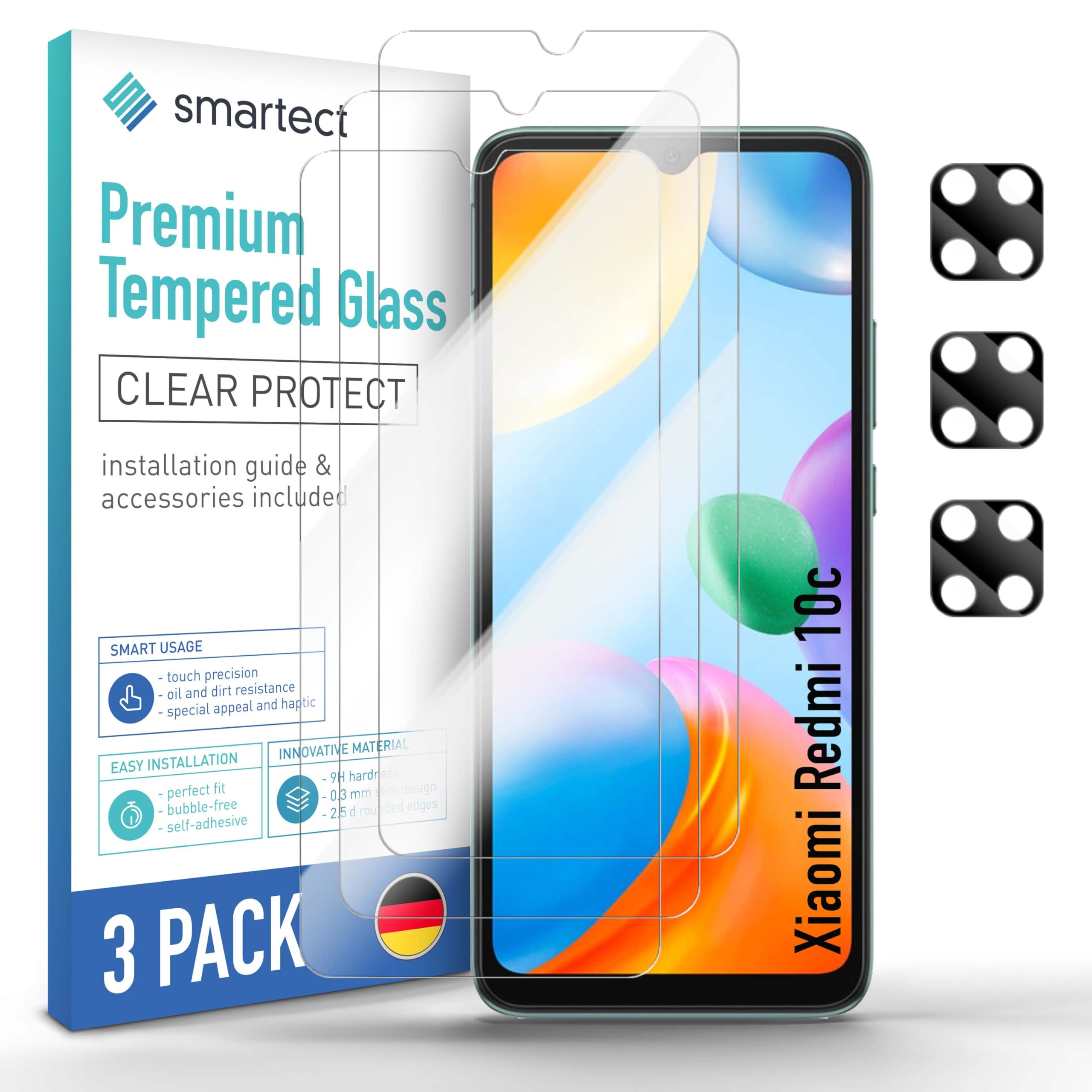 smartect Glass Screen Protector [3 + 3 Pieces, Ultra-Clear] for Xiaomi Redmi 10c, Display + Camera, HD Protective Film Anti Scratch, Bubble Free, 9H Hardness, Ultra Resistant