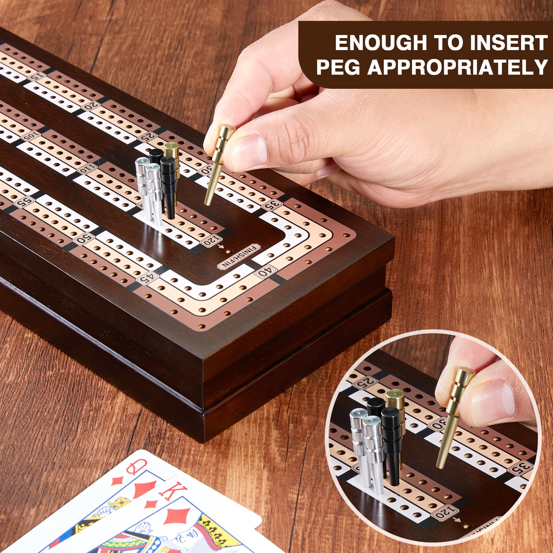 VAMSLOVE Wooden Cribbage Board Game Magnetic 3-Track Scoreboard with Large Slots for Storing 2 Playing Cards and 9 Metal Pegs, Travel Family Game Night (Instruction Included