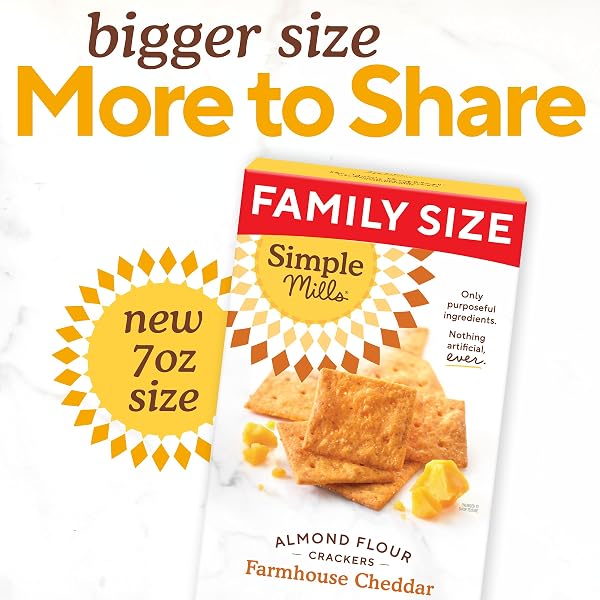 SIMPLE MILLS FARMHOUSE CHEDDAR ALMOND FLOUR CRACKERS, GLUTEN FREE CRACKERS MADE WITH REAL CHEESE AND WHOLESOME BLEND OF ALMONDS, SUNFLOWER SEEDS, AND FLAXSEEDS, FAMILY SIZE, 1 PACK, 7 OZ