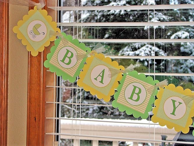 Amazon Com Green And Yellow Baby Shower Banner With Baby Carriage