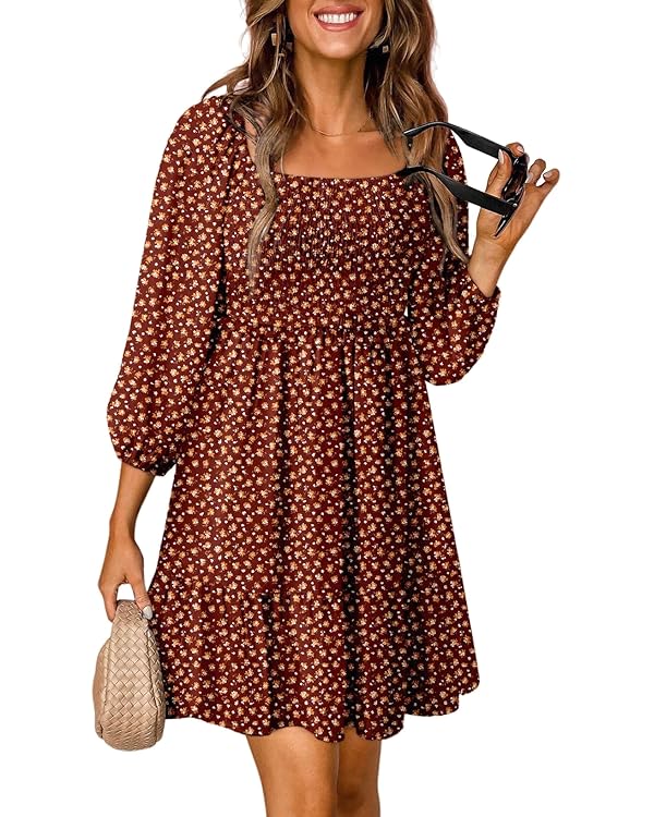Dokotoo Fall Dresses for Women 2025 Boho Floral Square Neck Smocked 3/4 Sleeve Casual A-Line Swing Mini Dress Sundress