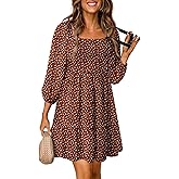 Dokotoo Fall Dresses for Women 2025 Boho Floral Square Neck Smocked 3/4 Sleeve Casual A-Line Swing Mini Dress Sundress