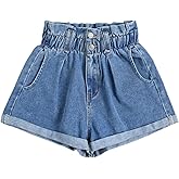 WDIRARA Women's Paper Bag Waist Button Roll Up Hem Denim Shorts with Pockets