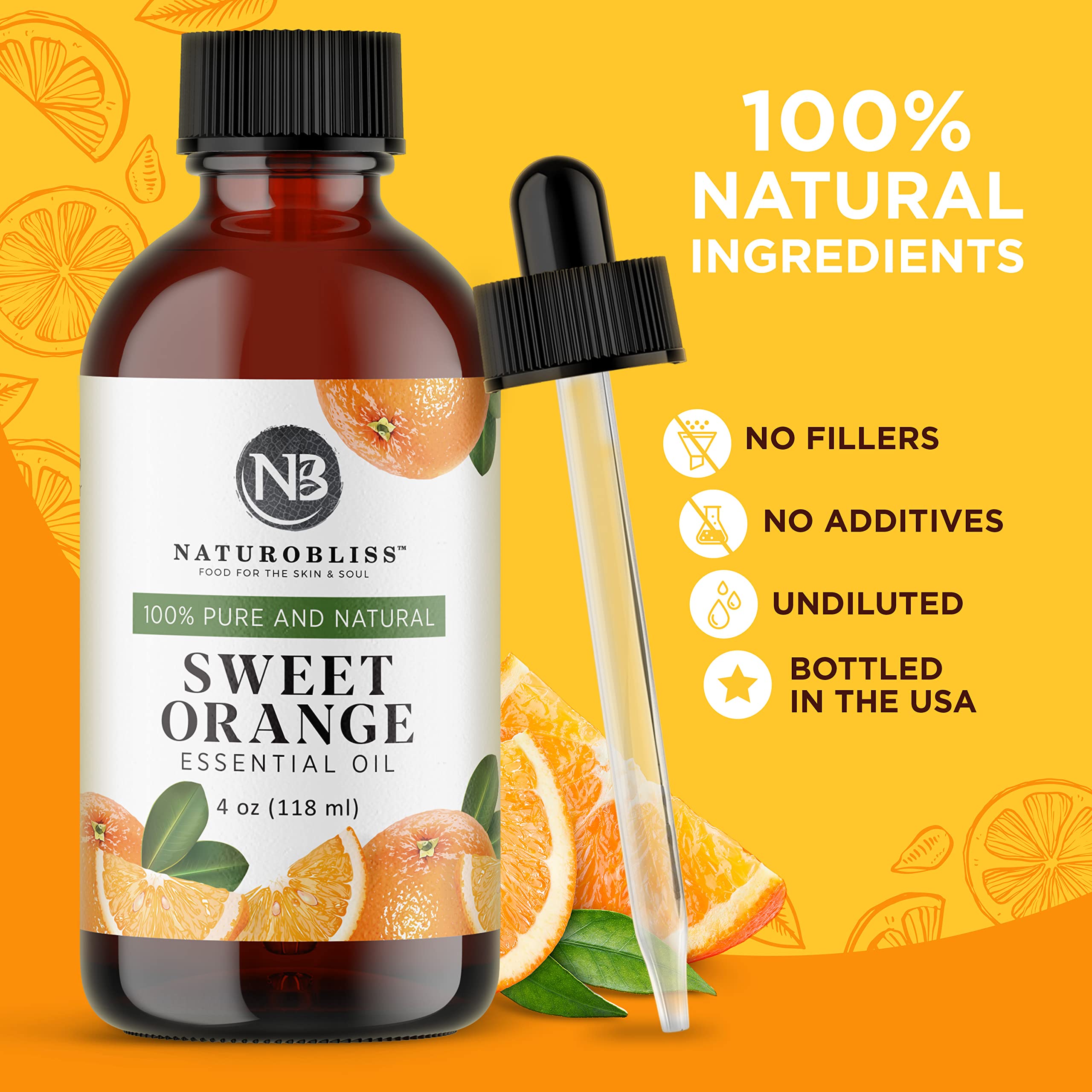 NaturoBliss 100% Pure & Natural Sweet Orange Essential Oil Therapeutic Grade Premium Quality Oil with Glass Dropper - Huge 4 fl. Oz - Perfect for Aromatherapy and Relaxation - Image 4