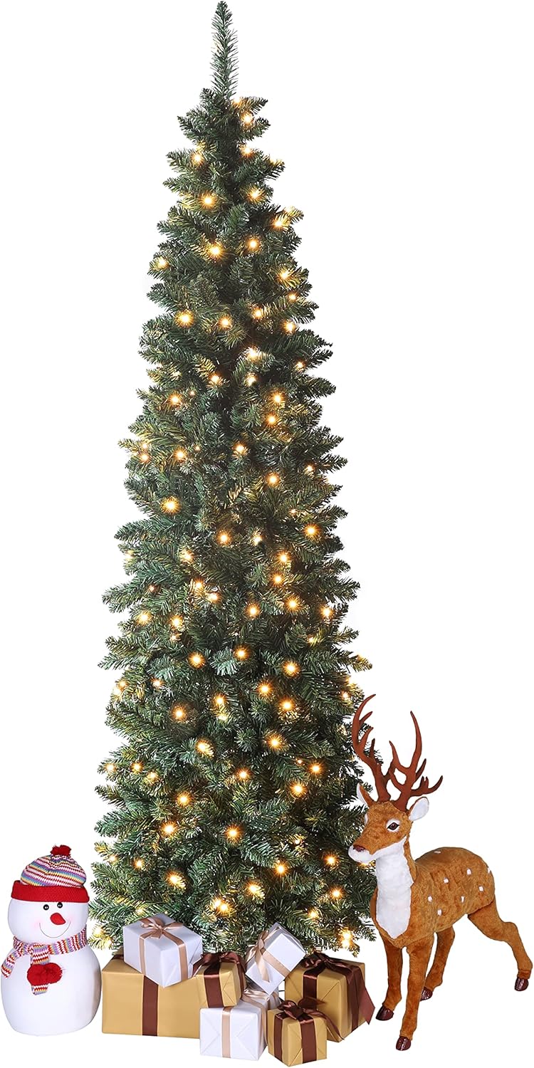 Trees - VEIKOU 8FT Artificial Christmas Tree, Pencil Christmas Tree Prelit, Skinny Christmas Tree, Slim Xmas Tree for Indoor Holiday Decor W/ 900 Tips, 350 LED Lights