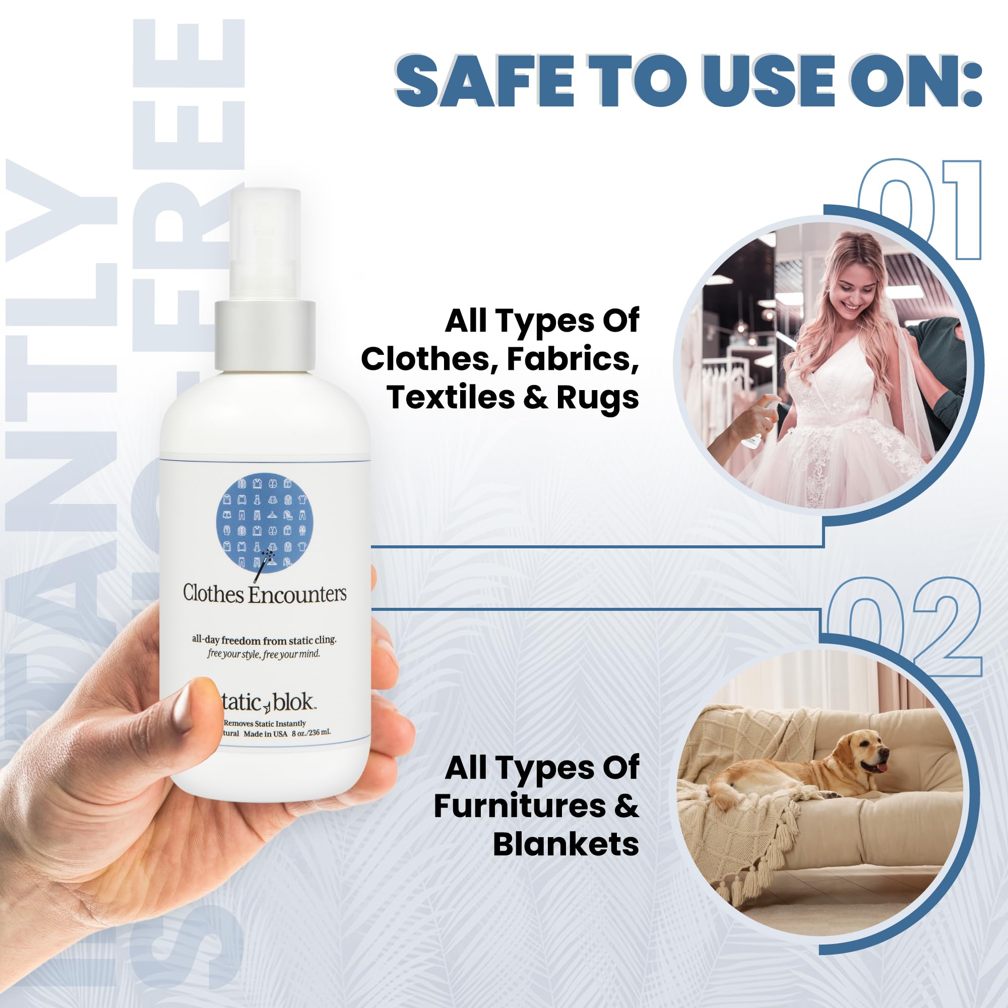 Static Blok Anti-Static Spray for Clothes - Instantly Eliminate Static Cling, Flyaways, and Shocks from Clothes, Fabrics, Linens, Blankets & Rugs- All-Natural Formula - Lasts All Day- 8oz