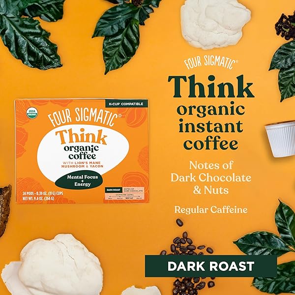 FOUR SIGMATIC MUSHROOM COFFEE K-CUPS | ORGANIC DARK ROAST COFFEE WITH LION’S MANE MUSHROOM POWDER & YACON | FOCUS & IMMUNE SUPPORT | VEGAN & KETO | SUSTAINABLE PODS | 24 COUNT