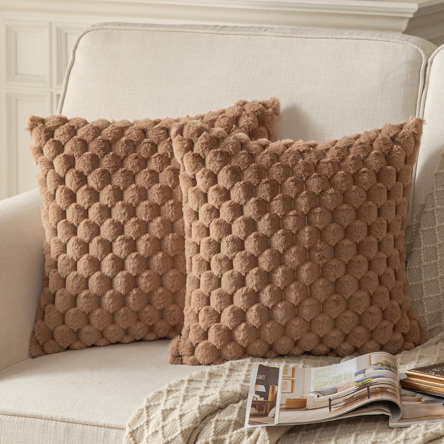 Photo 1 of MANDIOO Pack of 2 Brown Super Soft Plush Fluffy Decorative Throw Pillow Covers 22x22 inch Faux Fur Wool Velvet Cushion Covers Pillow Cases Couch Sofa Bed Living Room