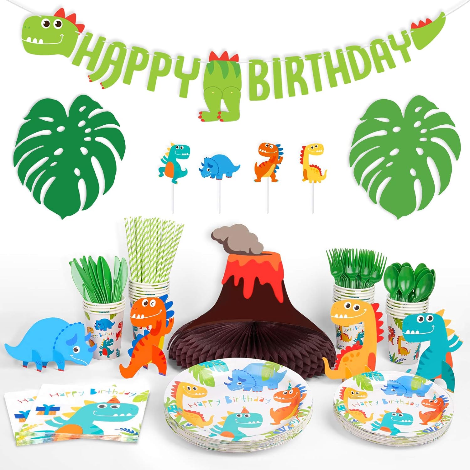 Decorlife Dinosaur Decorations for Birthday Party - 24 Guests, Dino Party Supplies, 1st Boy Party Plates and Napkins for Baby Shower, Palm Leaves Table Runner, Cups, Cupcake Toppers, Centerpiece, Utensils Included, Total 228pcs