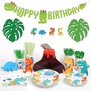 Decorlife Dinosaur Decorations for Birthday Party - 24 Guests, Dino Party Supplies, 1st Boy Party Plates and Napkins for Baby Shower, Palm Leaves Table Runner, Cups, Cupcake Toppers, Centerpiece, Utensils Included, Total 228pcs