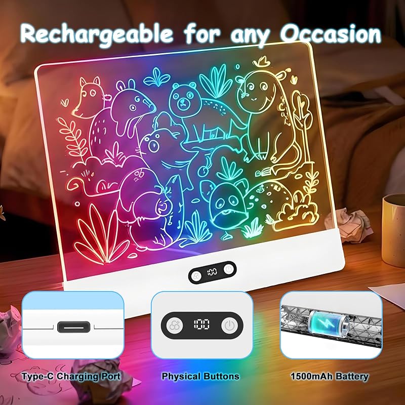Quadro LED recarregável, quadro negro LED luminoso de 35 x 26 cm para crianças, 8 cores, 3 modos de iluminação, apagável, quadro mágico acrílico, presente criativo para crianças - branco — foto 4 de 8