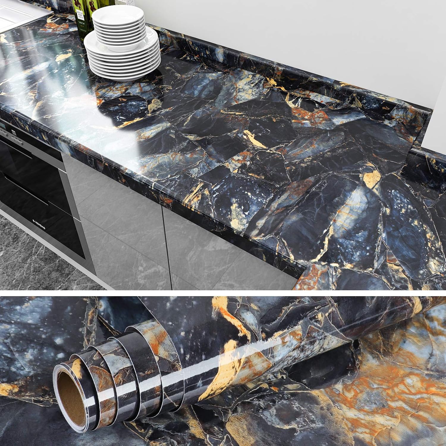 VEELIKE Marble Contact Paper Wallpaper Self Adhesive Vinyl Wrap Dark Blue Sticky Back Plastic Roll Washable Kitchen Wallpapers Living Room Wallpaper for Furniture Cupboard Wall 40cm x 900cm