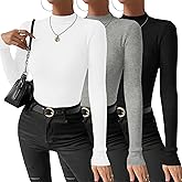 Ekouaer 3 Pack Mock Turtlenecks Tops for Women Long Sleeve Ribbed Shirts Thermal Slim Fit Lightweight Undershirts Grey/White/Black L