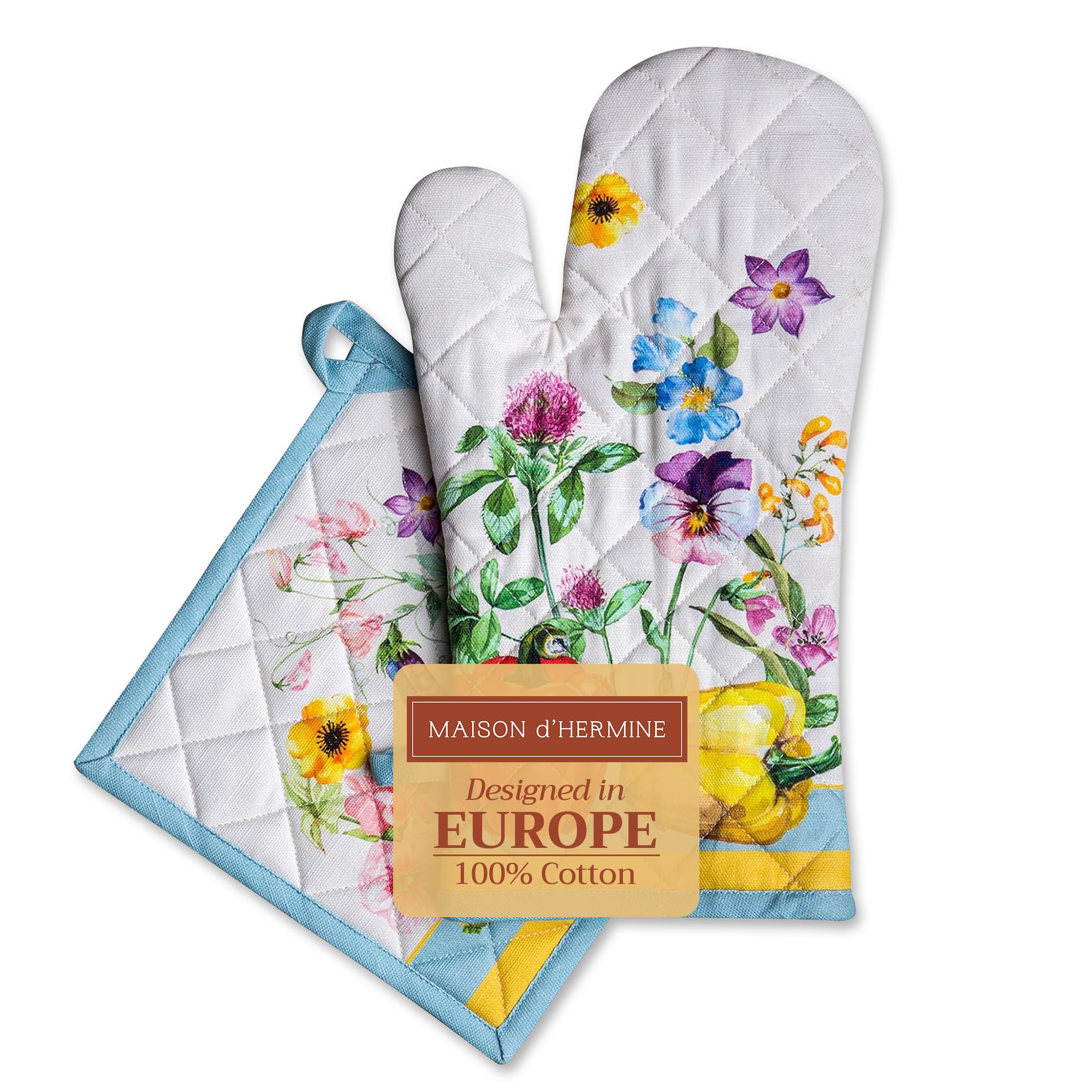 Maison d' Hermine 100% Cotton Oven Mitt & Pot Holder Set (19 x 33 cm & 20 x 20 cm) Heat Resistant BBQ Cooking Gloves with Loop for Baking Handling Hot Pans Gifts for Mothers Day (Giverny)