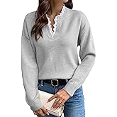 V Neck Sweaters for Women, Long Sleeve Lace Trim Knit Sweater Fall Casual Lightweight Pullover Top
