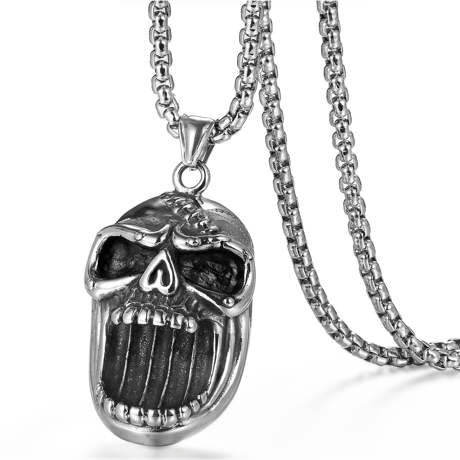 Cupimatch Mens Gothic Skull Stainless Steel Pendant Necklace, Silver Black Beer Bottle Opener, 22 inch