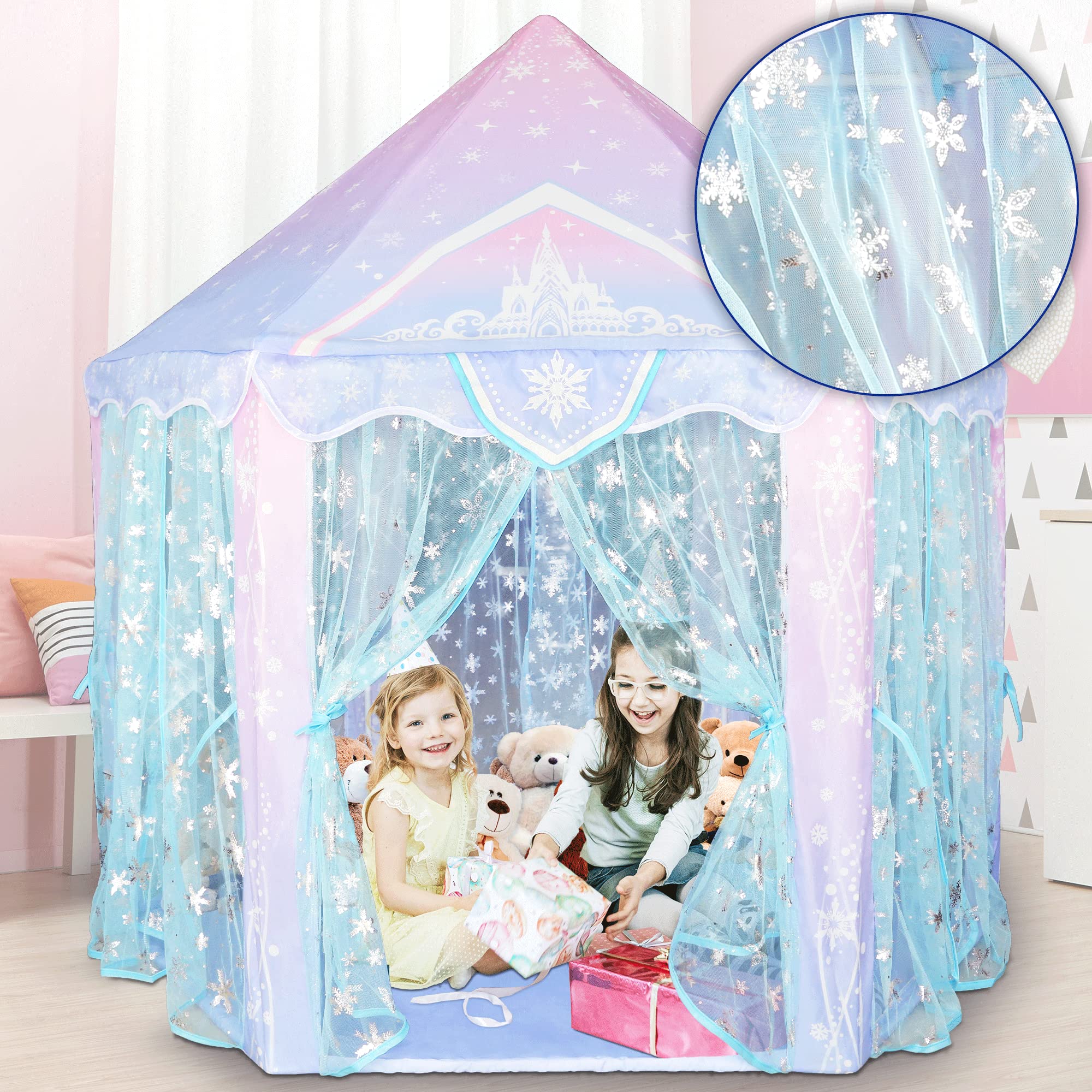 Princess Tent, Frozen Toy for Girls, Large Playhouse Ice Castle Play Tent for Kids with Snowflake, Toddlers Indoor & Outdoor Imaginative Games, Birthday Gifts for Girls, 55'' x 53''