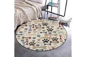 SWEET TANG Soft Round Area Rug Play Mat Circle Floor Mat Carpet Mat for Bedroom Living Room Nursery Decor, 3ft Diameter, Dog Bones Paw Prints Cream