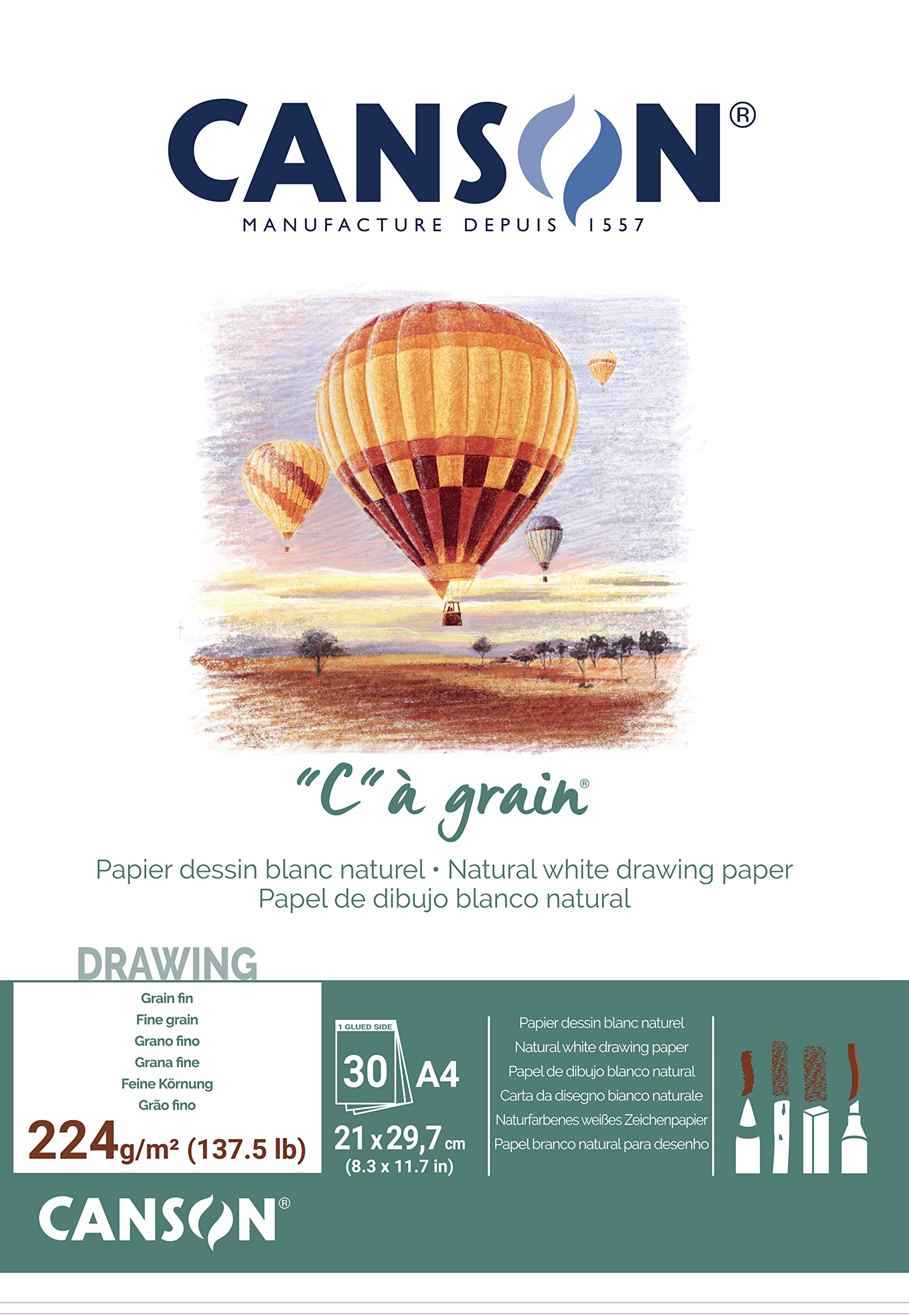 Canson "C à Grain A4 224g White Drawing & Sketching Paper Pad, 30 Sheets, Fine Grain Texture, Glued on Short Side, For Professional Artists