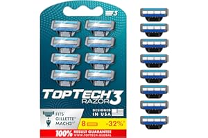 TOPTECH Razor 3 for Men - Replaceable Cartridges for Manual Shaving Razor - 3-Blade Technology Refills - Fits Gillette Mach3 - Soft Shave Sharp Blades - Cost-effective Refill (8 refills)