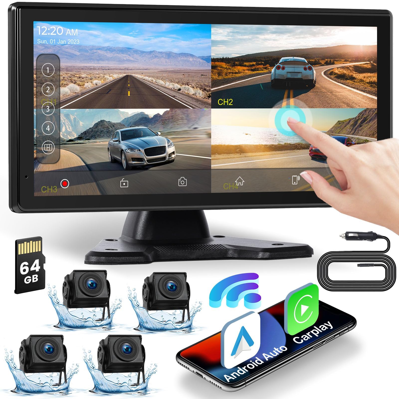 Photo 1 of Inefala 4K RV Backup Camera System Wireless CarPlay Android Auto, 10.36" Quad Split Touch Screen Monitor with 4 AHD Rear View Camera, IP68, Night Vision, DVR Loop Recording