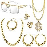 YANJINMY 90s Accessories Outfit for Women 80s Hip Hop Costume Kit Rapper Sunglasses Bamboo Earring Gold Rope Chain Dollar Necklace Bracelet Rings Jewelry Set