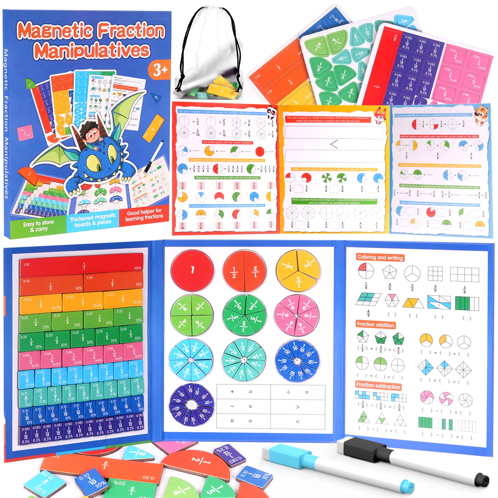 FIPKE Magnetic Fraction Educational Puzzle, 120 Pcs Magnetic Fraction Puzzle for Kids, Magnetic Fraction Tiles & Fraction Circles, Fractions Manipulatives Learning Games for Elementary School