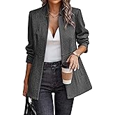 ELLEVEN Women’s Open Front Herringbone Blazer-Business Casual Long Sleeve Work Jacket with Full Lining and Padded Shoulders