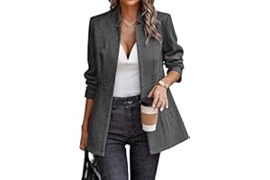 ELLEVEN Women’s Open Front Herringbone Blazer-Business Casual Long Sleeve Work Jacket with Full Lining and Padded Shoulders