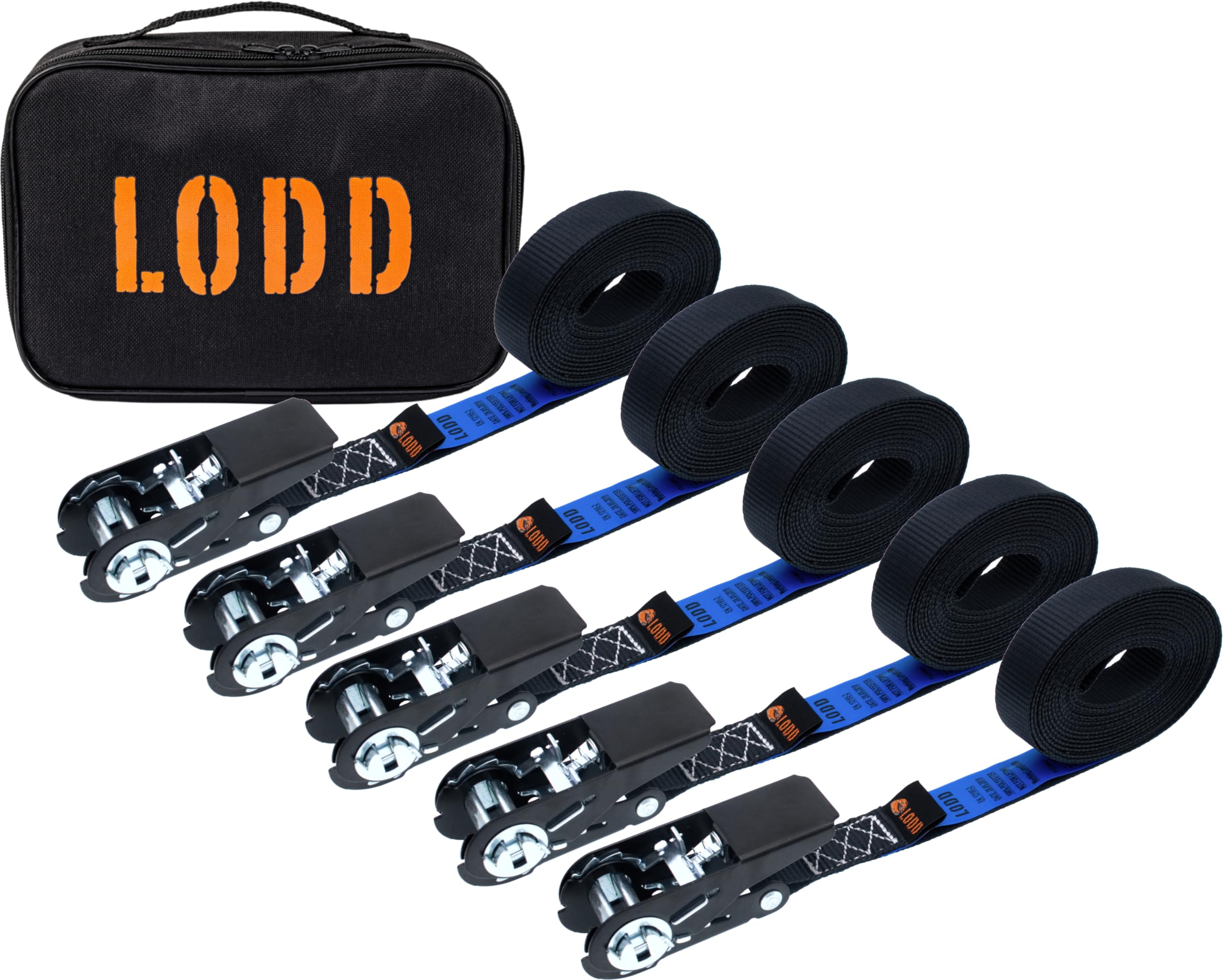 LODD - Set of 5 Endless Ratchet Lashing Straps 6m x 25mm with carrying bag. Resistance 800kg. Compliant with EN 12195-2. Ideal mounting for motorcycle trailer trailer caravan bike caravan