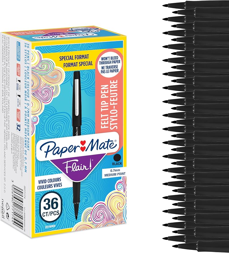 Paper Mate Flair Felt Tip Pens Medium Point Black 36 Count