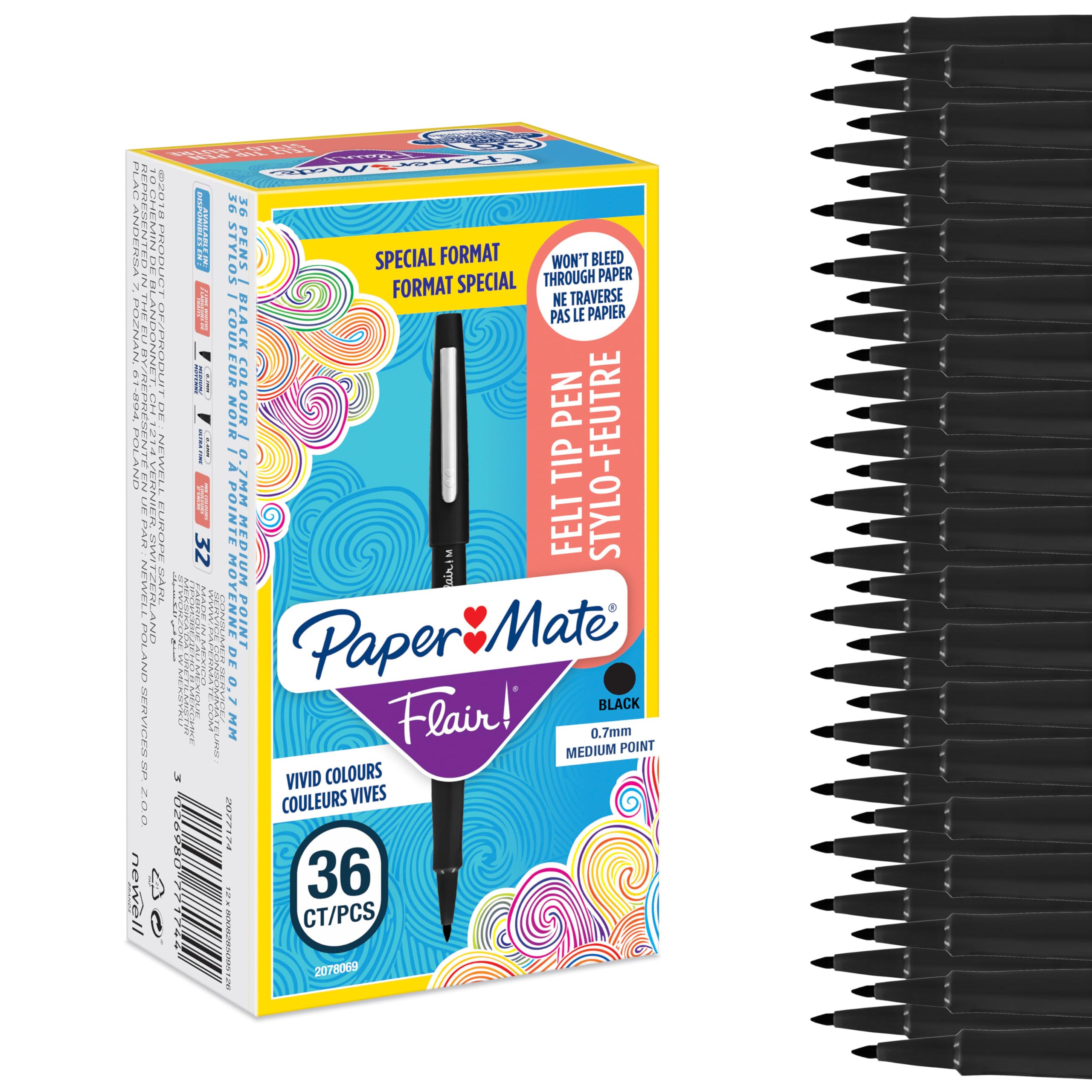 Paper Mate Flair Felt Tip Pens | Medium Point (0.7 mm) Writing Pens | Black Pens | For Writing, Drawing & Sketching | 36 Count