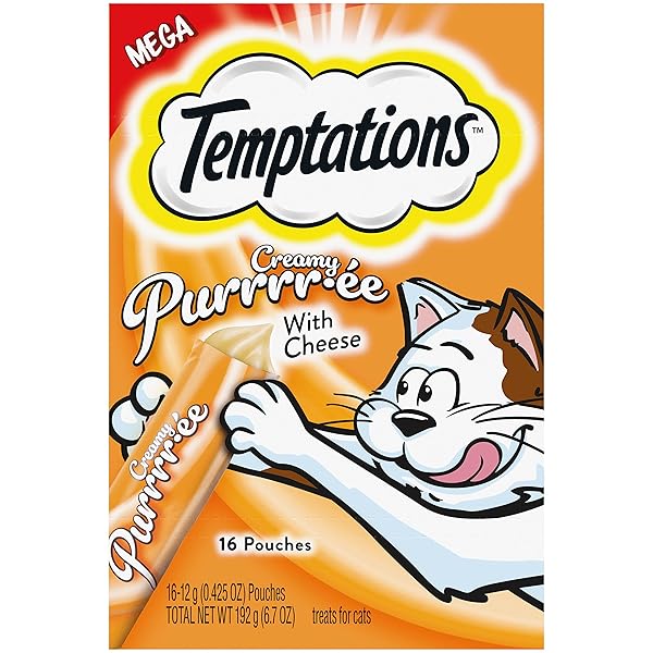 TEMPTATIONS CREAMY PUREE WITH CHEESE LICKABLE, SQUEEZABLE CAT TREATS, 0.42 OZ POUCHES, 16 COUNT