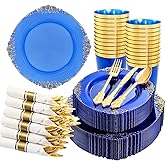Hioasis 210pcs Blue and Gold Plates - Blue Party Plates for 30 Guest, Include 60 Heavy-duty Plates(20% Thicker Than Standard), 30 Pre Rolled gold Plastic goldware Set, 30 Cups
