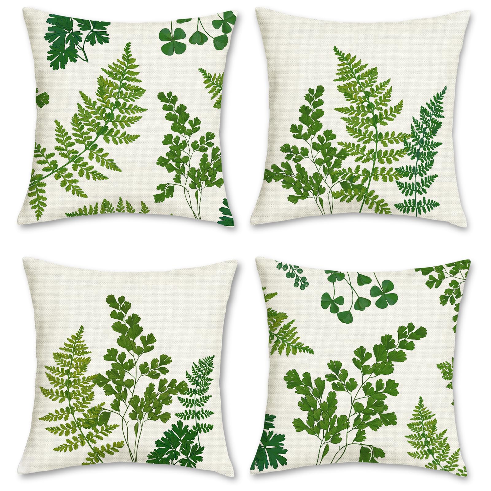 Bonhause Fern Leaves Cushion Covers 45 x 45 cm Green Leaf Plants Spring Decorative Throw Pillow Covers Polyester Linen Pillowcases for Sofa Garden Outdoor Decor Set of 4