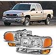 Cxdar Headlight Assembly Compatible with 99-07 GMC SIERRA 1500 2500 1500HD 2500HD 3500HD/ 1999-2006 YUKON 1500 2500/2001 SIERRA C3, Chrome Housing 4PCS