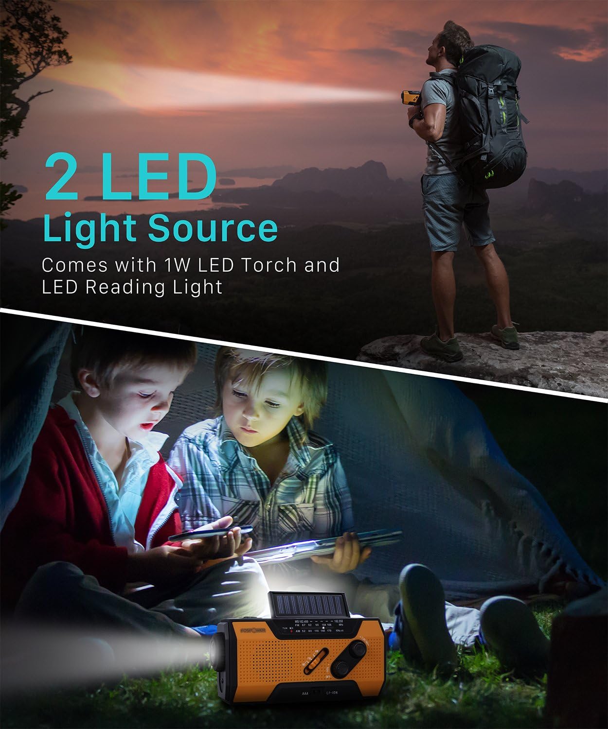 FosPower Emergency Solar Hand Crank Portable Radio, NOAA Weather Radio for Household and Outdoor Emergency with AM/FM, LED Flashlight, Reading Lamp, 2000mAh Power Bank USB Charger and SOS Alarm: Home Audio & Theater