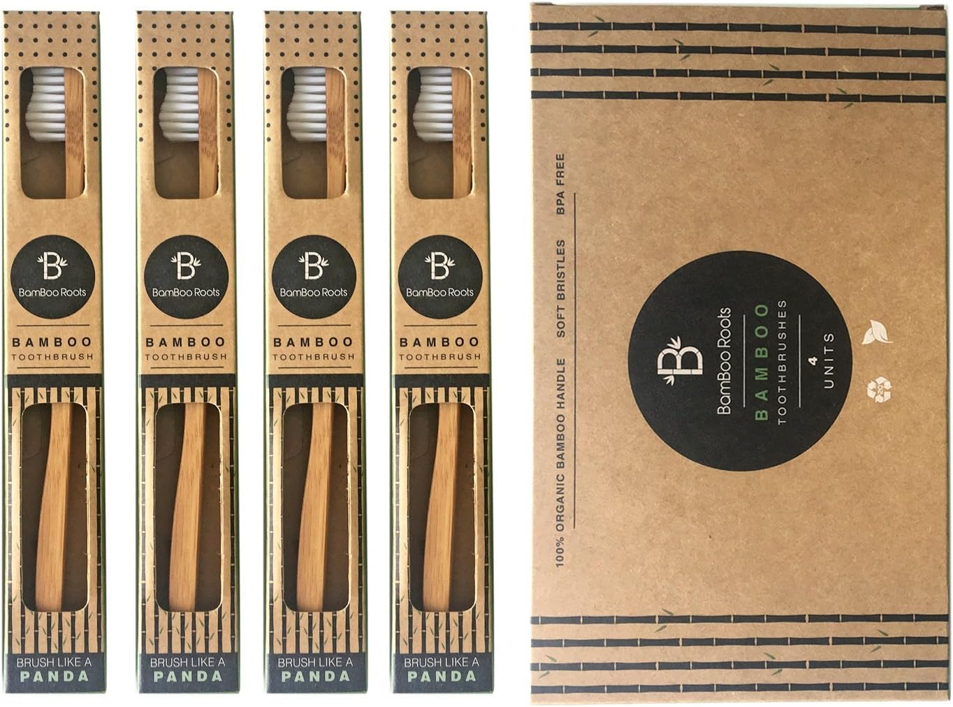 BamBoo Roots Bamboo Toothbrush Pack of 4 Eco Friendly, Organic and Biodegradable Toothbrushes