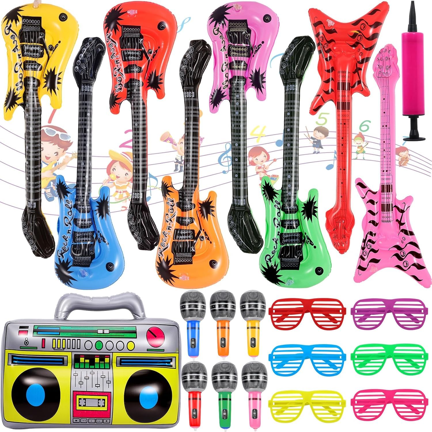 22Pcs Inflatable Instruments Party Props Set, Inflatable Photobooth Props with Inflatable Guitar Microphone Radio Shutter Shading Glasses for 80s 90s Themed Rock N Roll Party Favor Music Decorations