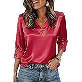 RICHSTORY 3/4 Length Sleeve Womens Tops Dressy Casual Silk Satin Blouses V Neck Business Work Shirts