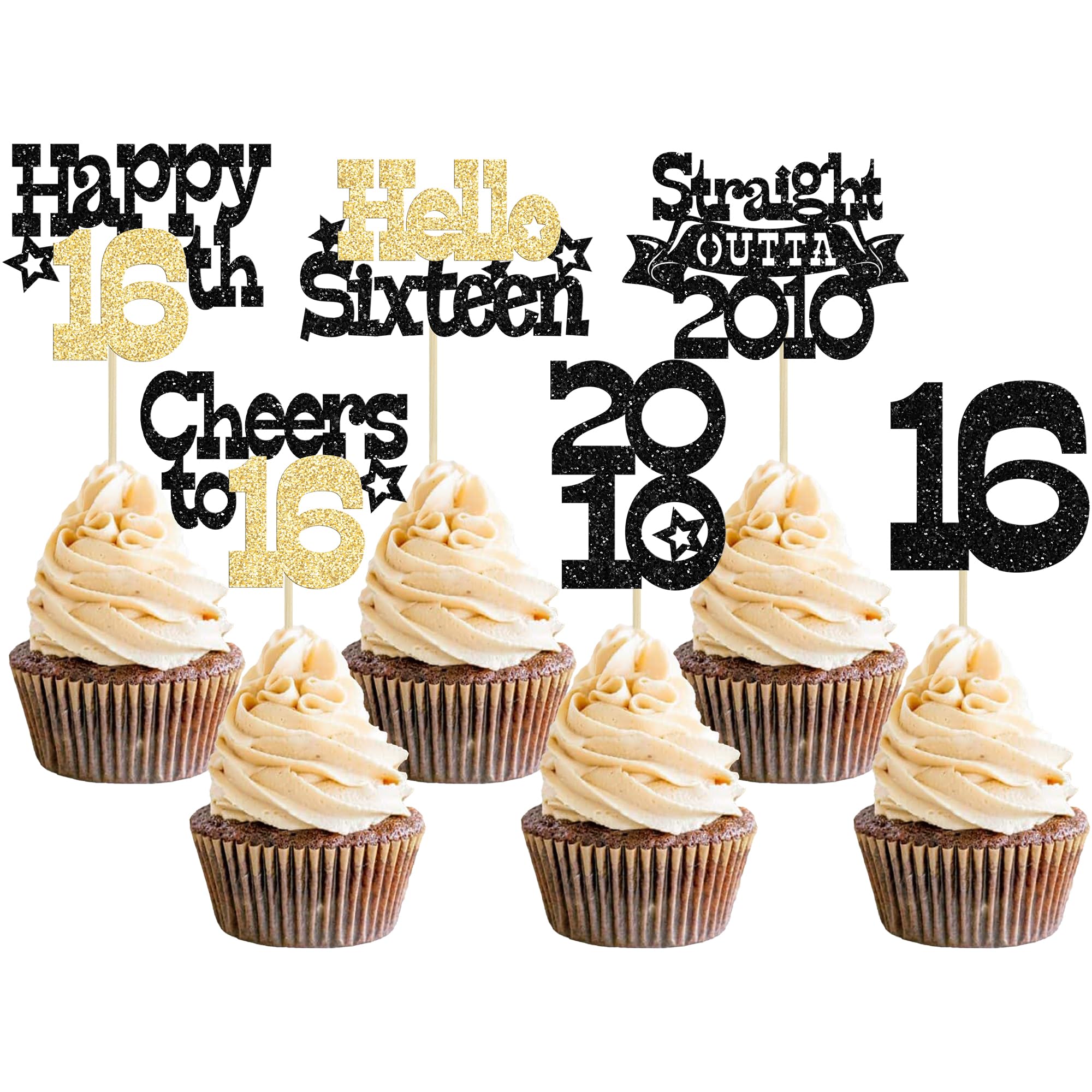 Ephlyn 30Pcs Straight Outta 2010 Cupcake Toppers Glitter Sixteen Happy 16th Birthday Cupcake Picks Cheers to 16 Years Cake Decorations for 16th Birthday Anniversary Party Supplies Black Gold