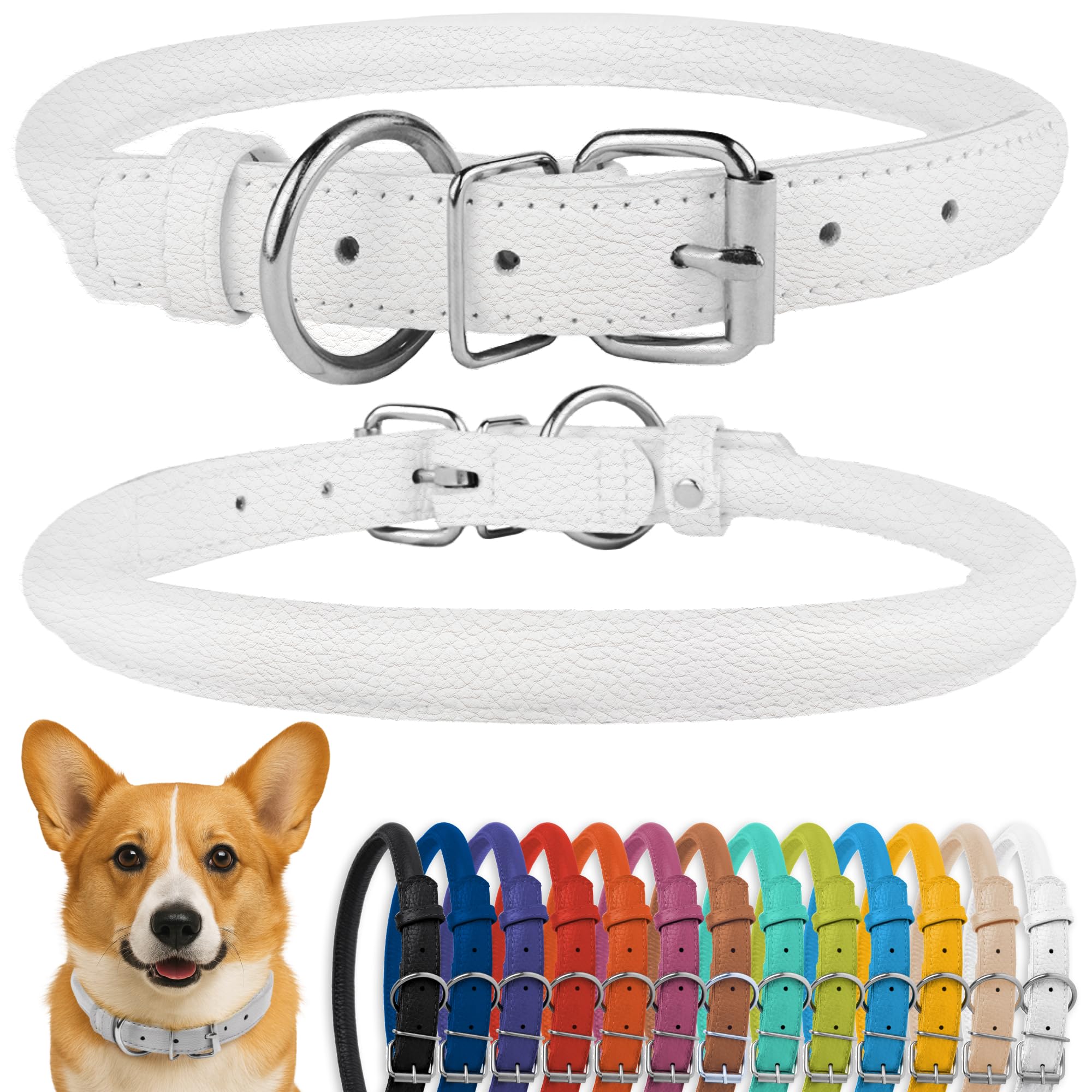 CollarDirect Rolled Leather Dog Collar, Soft Padded Round Puppy Collar, Handmade Genuine Leather Collar Dog Small Large Cat Collars Black Pink Red Purple Blue (Fits 15"-18" Neck, White)