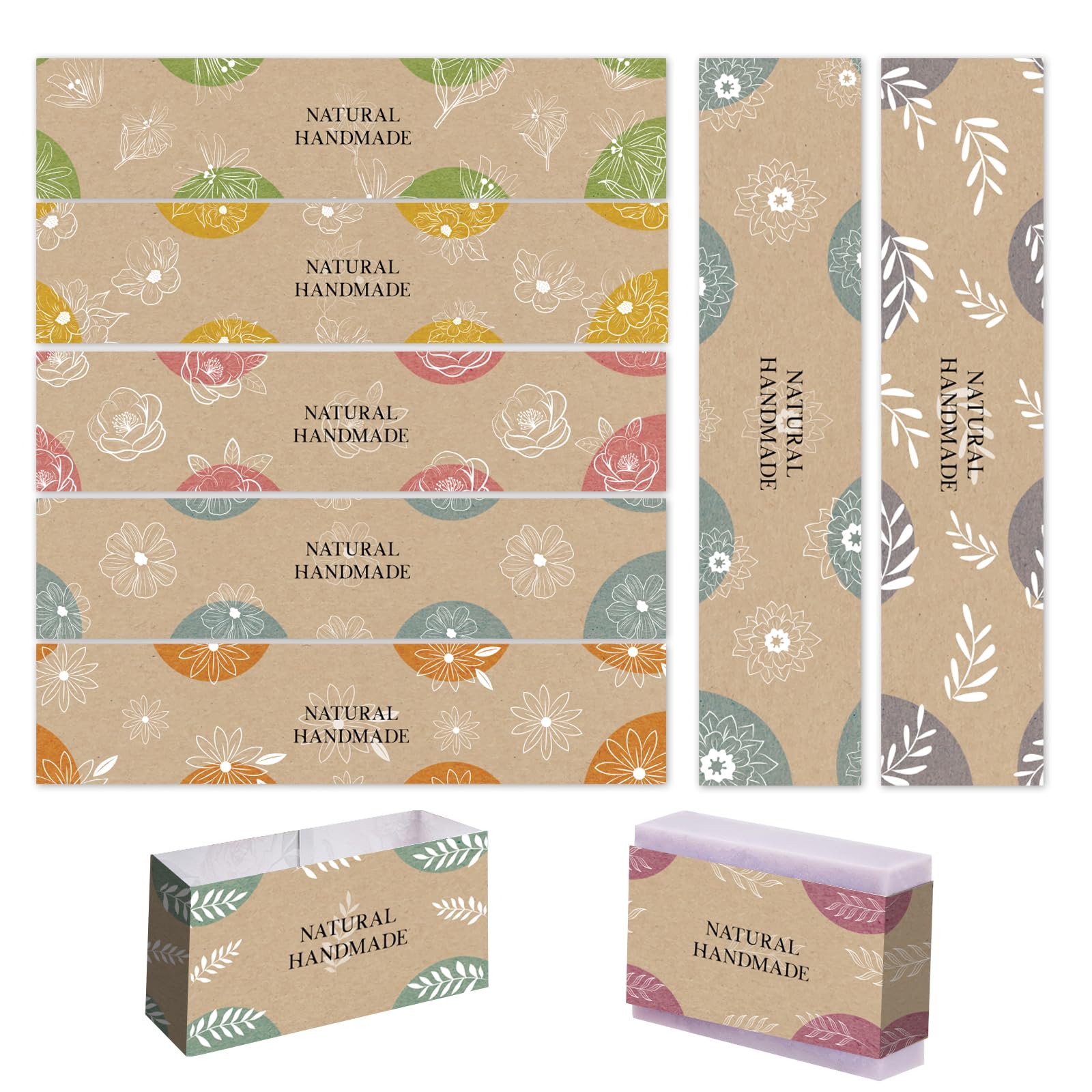 PH PandaHall 90pcs Wrap Paper Tape, 9 Style Vintage Band Label Flower Paper Tag Wrapper Sleeves Covers Vertical Tags for Handmade Soap Lotion Bars Bath Gift Wrapping, 21x5cm/8.5x1.9 inch