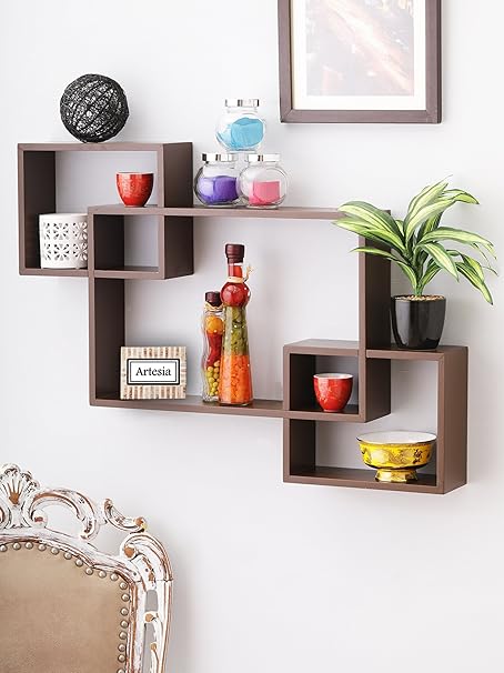 Artesia Wooden Brown Wall Shelf Rack Set of 3 Intersecting Wall Shelves