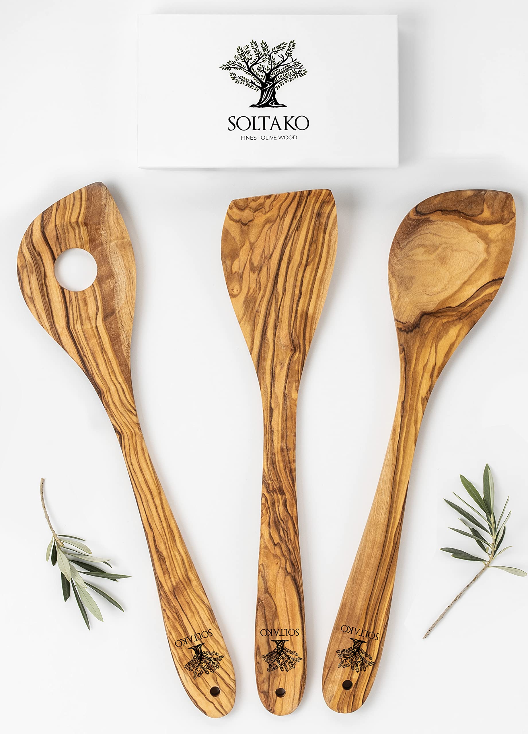 SOLTAKO Olive Wooden Kitchen Utensils with Holder, Set of 3 Cooking Spoons 100% Natural Olive Wood, Olive Wooden Spatula Set, Salad Servers, High Heat Resistant Kitchen Utensil, 30 cm