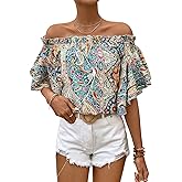 Floerns Women's Boho Off Shoulder 3/4 Bell Sleeve Summer Blouse Top